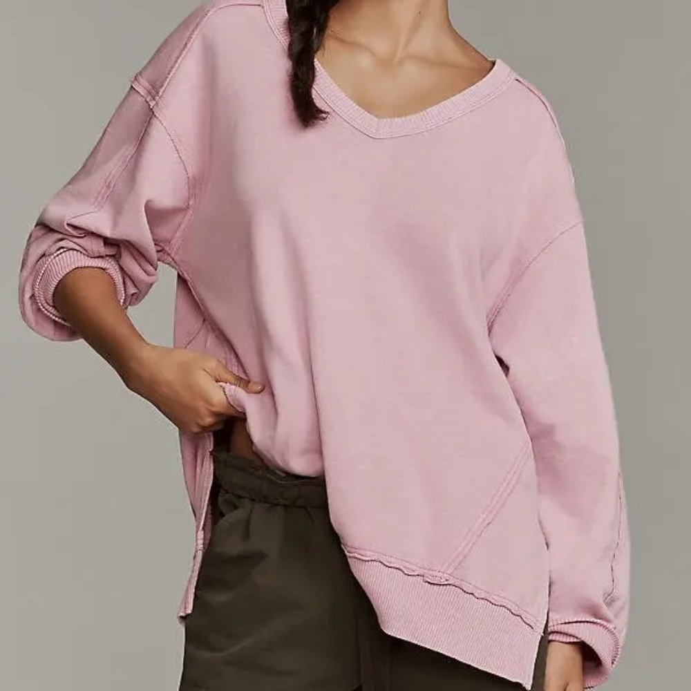 Anthropologie Pilcro Long-Sleeve V-Neck Oversized Popover Top Tunic Pink V-Neck